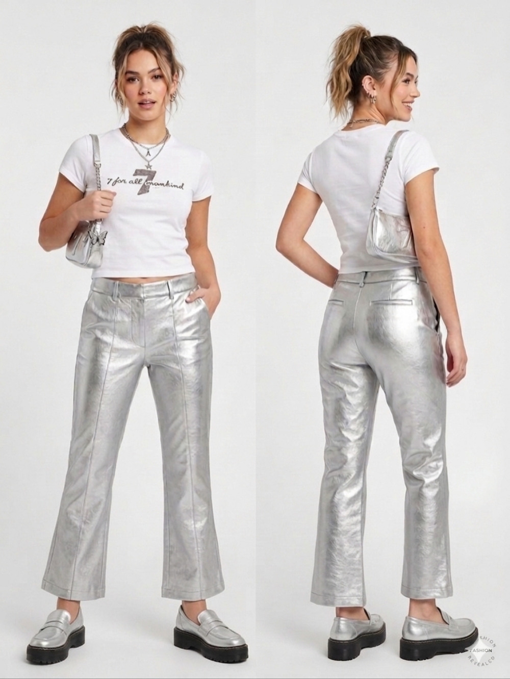 7 For All Mankind Metallic Silver Faux Leather Cropped Flare Pants - Size M - Picture 6 of 10